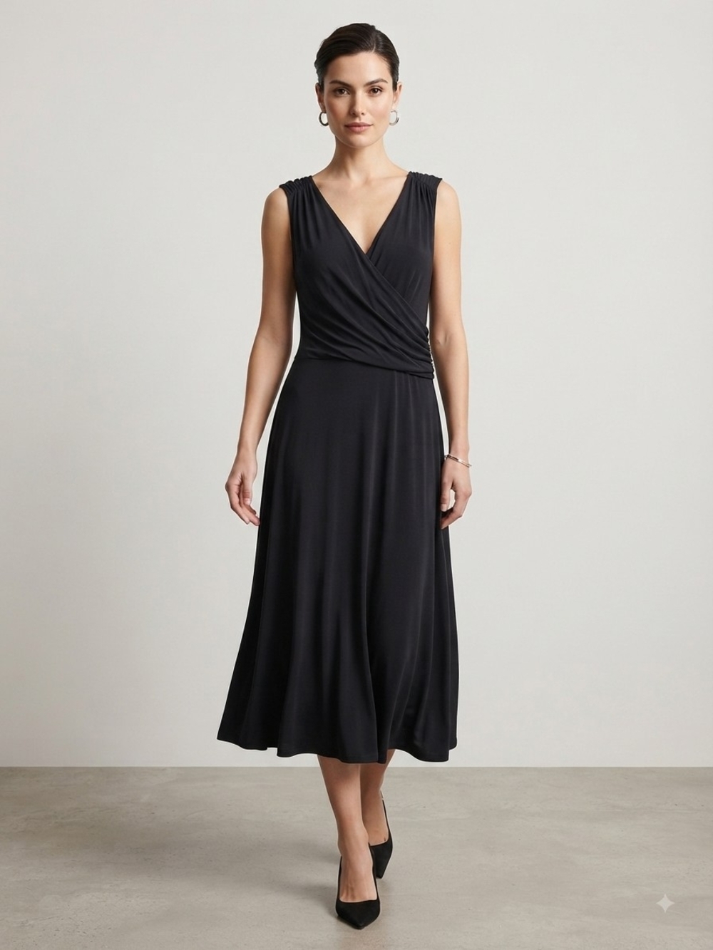 Boden Black Sleeveless V-Neck Faux Wrap Midi Dress Size 16